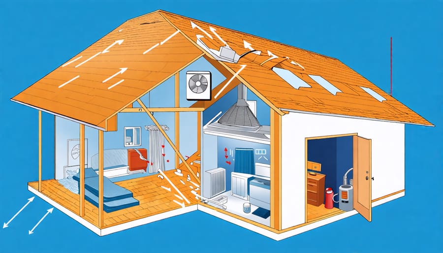 An illustration highlighting the key factors for choosing the right attic fan size, including attic square footage, roof pitch, insulation, and volume, with a modern attic fan in operation.