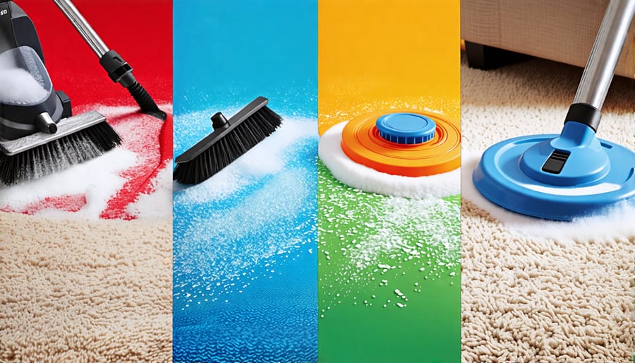 A comparison of four carpet cleaning methods: steam cleaning, shampooing, bonnet cleaning, and dry cleaning, demonstrating their different techniques and effects on cleanliness.