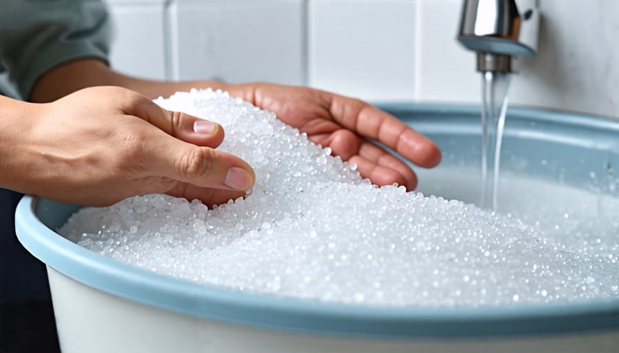 Person checking salt levels in a water softener brine tank