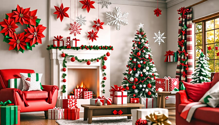 A cozy living room decorated for Christmas with paper crafts including a paper poinsettia wreath, snowflakes, garlands, and a Christmas tree with origami and cut-out paper ornaments.