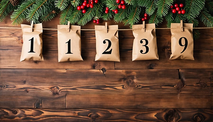 Homemade advent calendar crafted from brown paper bags and twine