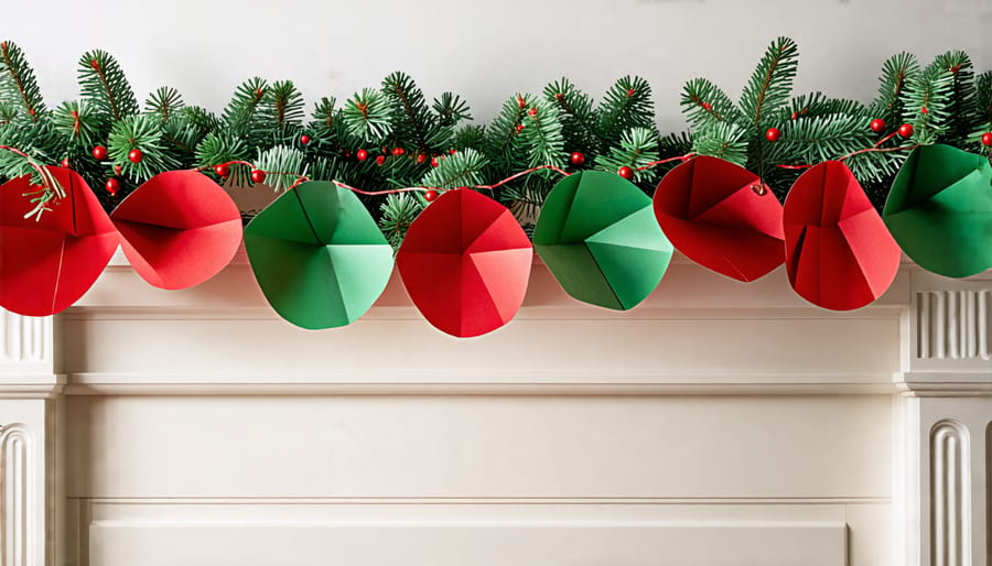 Decorative Christmas paper garland in traditional colors hanging on a fireplace mantle