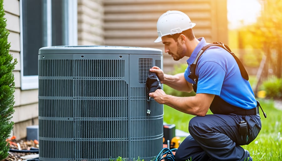 Professional HVAC technician conducting yearly maintenance on an air conditioner's outdoor unit