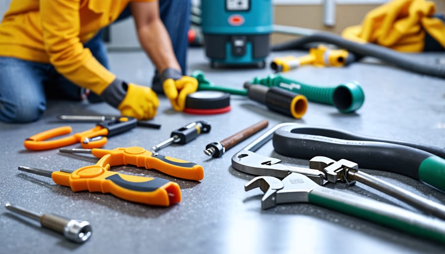 A well-organized workspace showing essential tools and a new water heater unit ready for installation, with a person wearing protective gloves working on a pipe in the background.