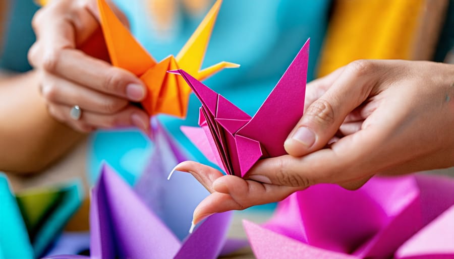 Step-by-step process of folding an origami crane Christmas ornament