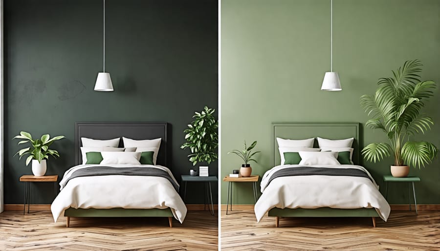 Comparison of a small bedroom painted in a dark color versus a light, muted green, showing how the lighter color makes the room feel more spacious