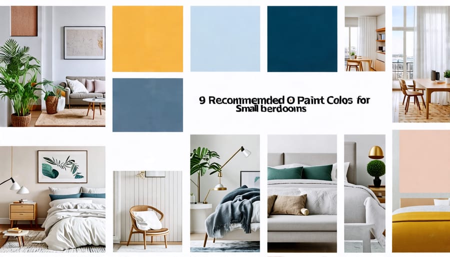 Collage of 9 color swatches recommended for painting small bedrooms, including soft whites, pale grays, light blues, greens, yellows, pinks, lavenders, taupes, and greiges