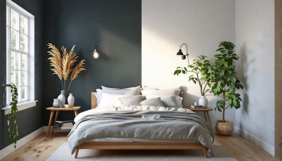 Cozy small bedroom with one half painted in a dark hue and the other in a pale, light-reflecting color, showcasing the impact of paint color on spaciousness.