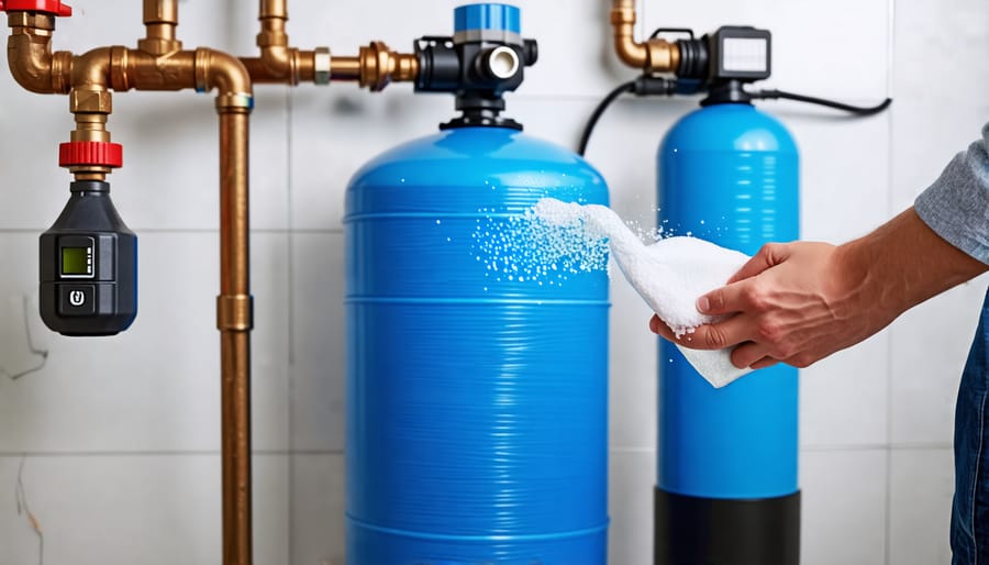 Person performing maintenance on a water softener, showing hands checking salt levels in a brine tank, cleaning the resin tank, and adjusting the control valve.