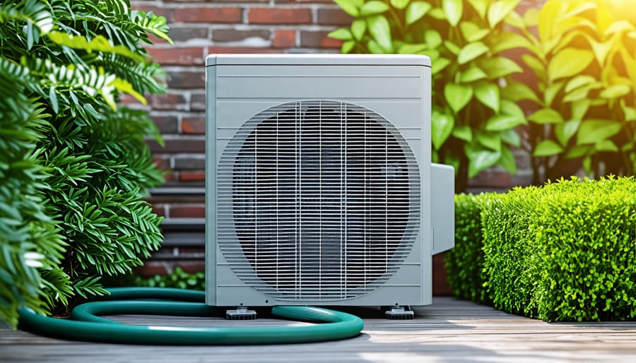 A well-maintained outdoor air conditioning unit surrounded by clean and green plants, emphasizing the importance of regular maintenance for efficient cooling during summer.