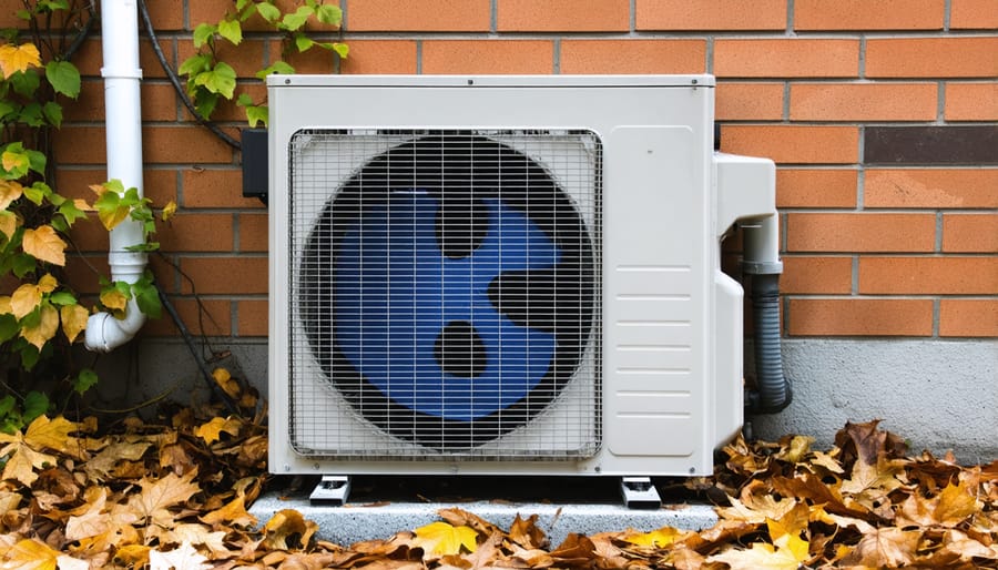 Outdoor AC unit surrounded by leaves and debris