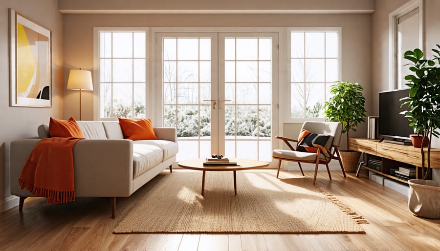 A stylish living room designed with accessibility features such as wider doorways and ramps