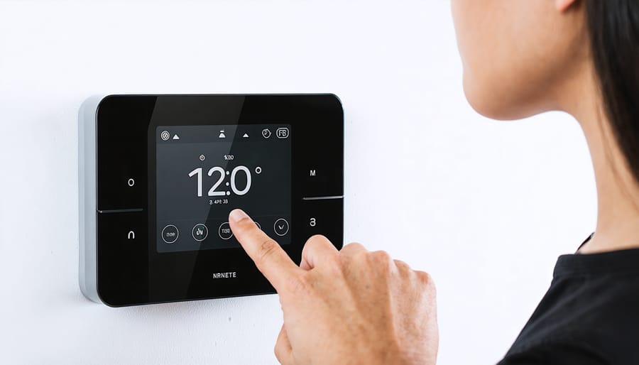 User interacting with a modern smart thermostat to optimize energy settings