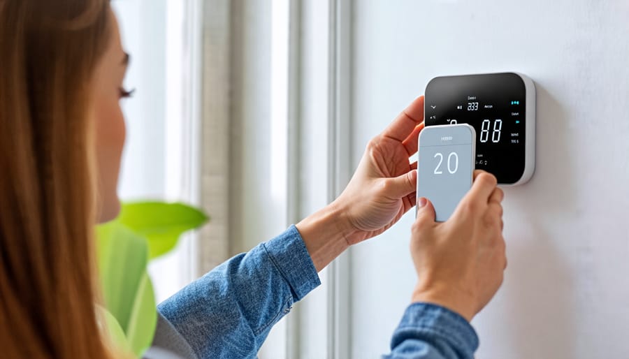 Person interacting with a wall-mounted smart thermostat to adjust temperature settings