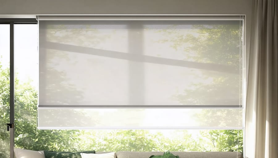 Smart shades automatically adjusting to control natural light and temperature in a room