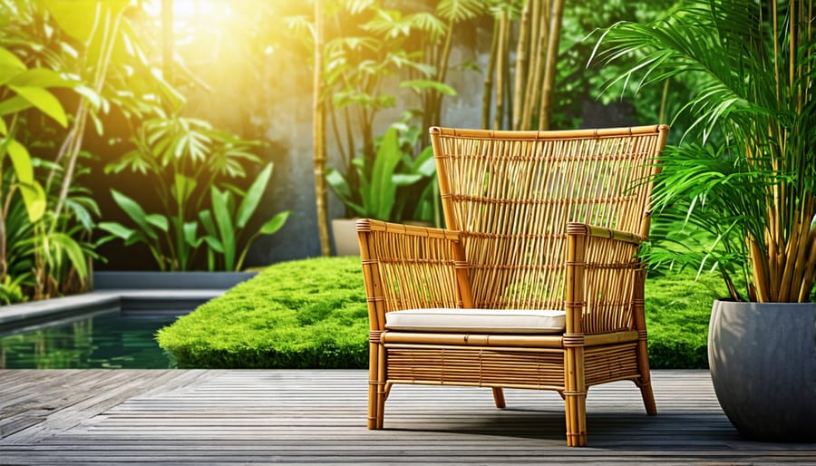 A bamboo chair placed in a lush garden, showcasing eco-friendly materials