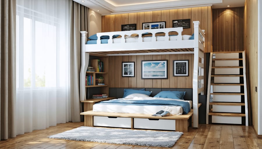 Space-saving bedroom layout using a loft bed with a desk below