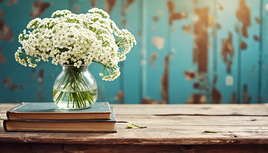 Rustic Belgian-style vignette with antique wooden table and decor