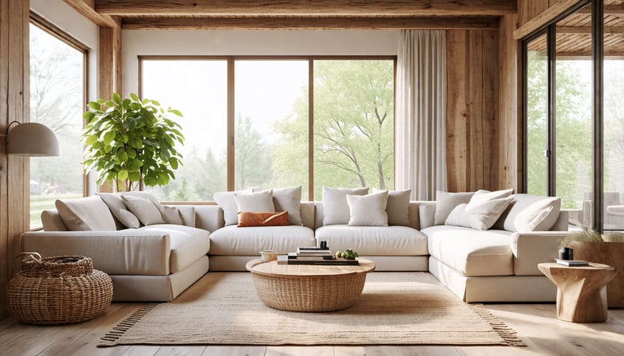 Belgian-inspired living room with soft colors and natural textures