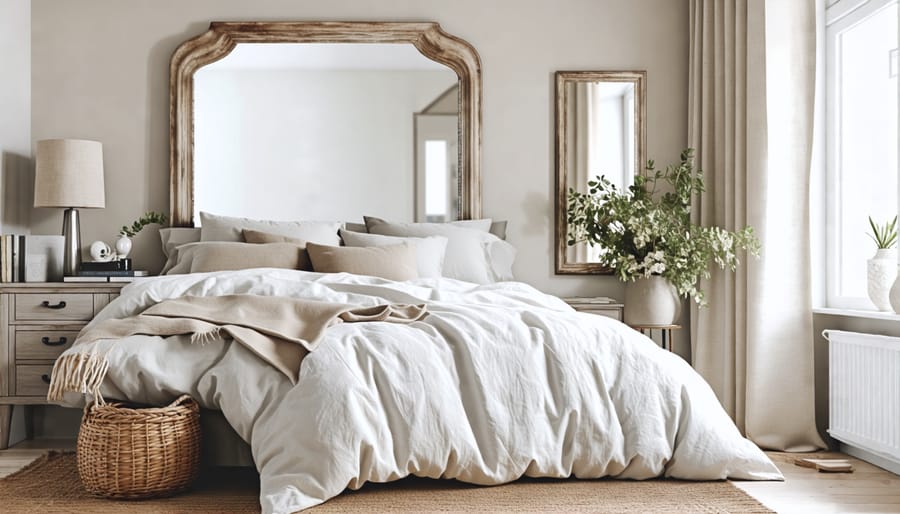 Bedroom decorated with Belgian-inspired elements like linen bedding and whitewashed wood