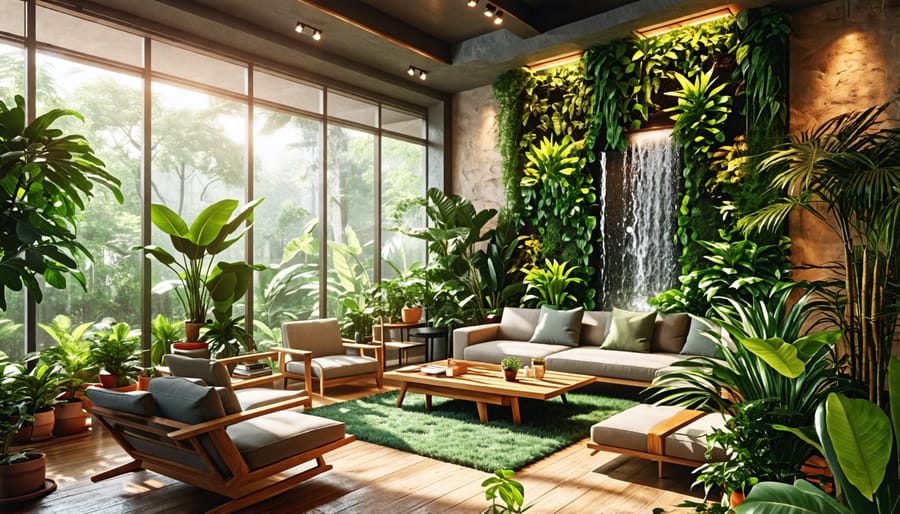 A living room featuring biophilic design with numerous indoor plants, a vertical garden, an indoor water feature, and abundant natural light.