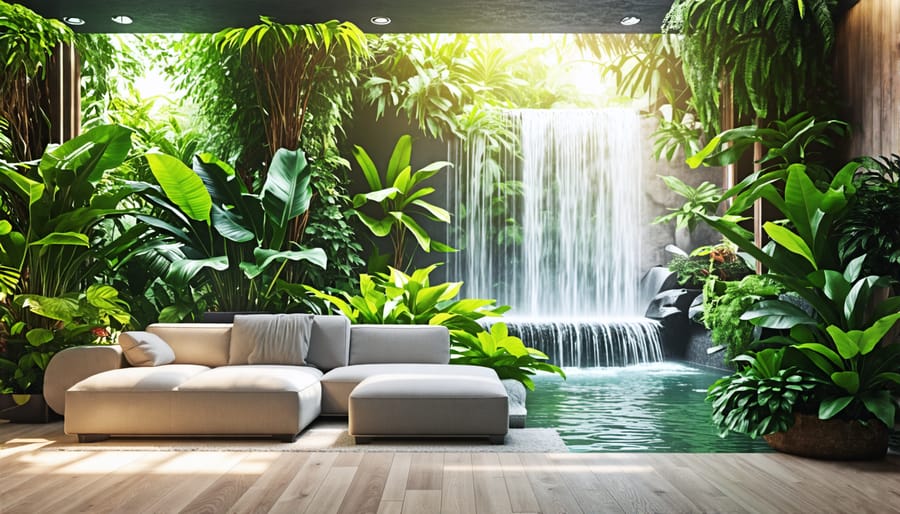 Living room showcasing biophilic design with plants and a water feature