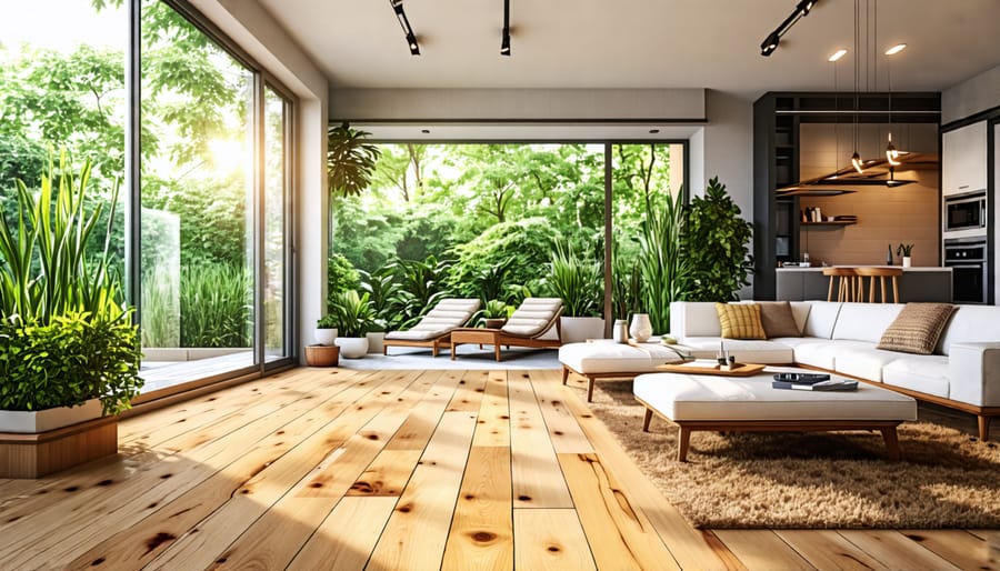 A bright and airy home interior featuring various zero VOC flooring options like hardwood, bamboo, cork, and tile, with a family enjoying a healthy, fresh-air environment.