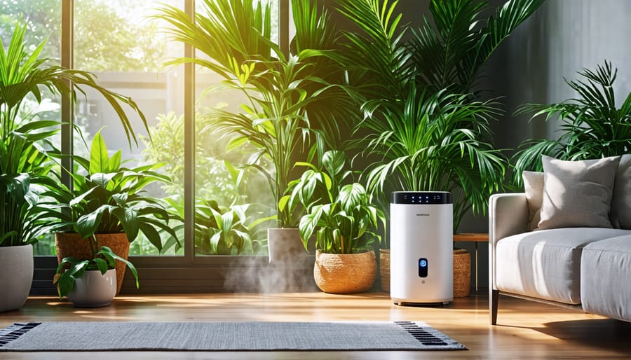 A spacious living room featuring houseplants like spider plants and peace lilies, an air purifier by the window, and an essential oil diffuser creating a peaceful indoor environment with improved air quality.