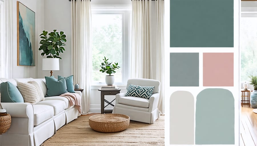 A sophisticated collage displaying recommended paint colors for brightening a north-facing room, featuring swatches of soft blues, greens, grays, warm whites, and blush pinks.