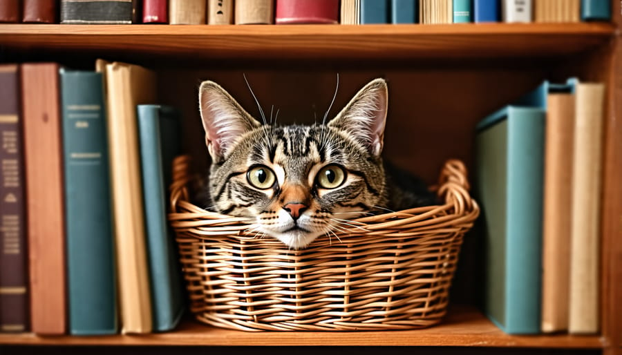 Cat resting in a cozy basket nook integrated into a bookshelf