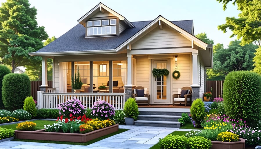 A small house with light exterior paint, large windows, and contrasting white trim, featuring a cozy porch, colorful layered landscaping, and curved paths lined with raised flower beds and tall shrubs.