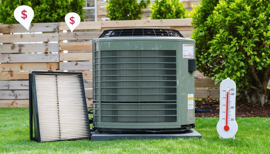 A well-maintained air conditioner with a clean air filter in a backyard, illustrating effective cooling and cost savings.