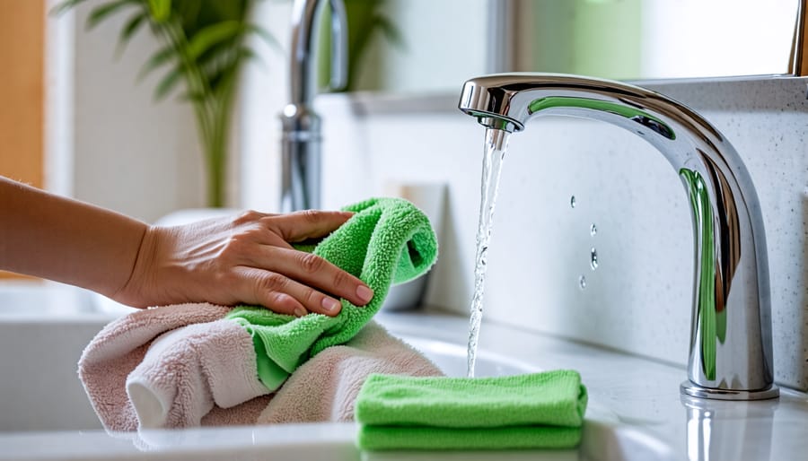 Demonstration of cleaning a bathroom sink with eco-friendly cleaning products