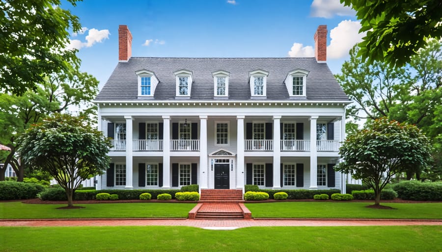 A symmetrical facade of a classic Colonial style home with a prominent central doorway.