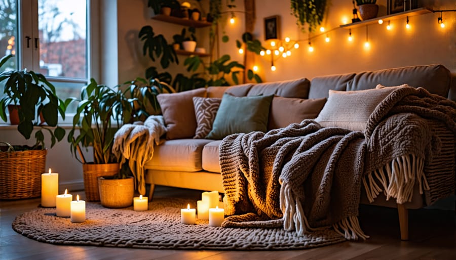 Living room with a cozy aesthetic, including a plush couch adorned with throw blankets, fluffy pillows, soft lighting, potted plants, and wooden decor accents.