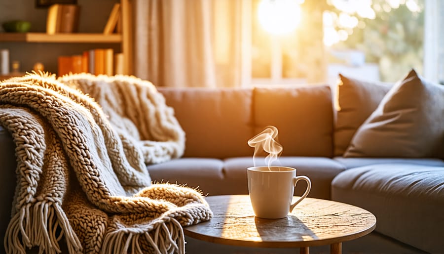 Cozy living room with inviting textiles, warm lighting, and comforting elements