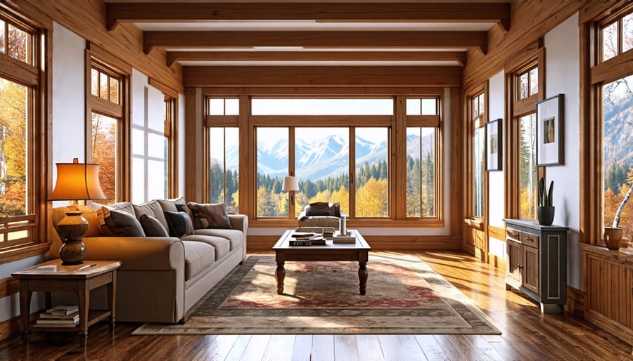 Interior of a Craftsman style home showing exposed wooden beams and detailed woodwork.