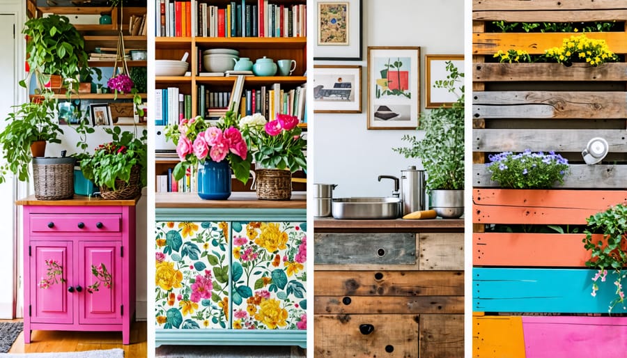 A collage of innovative upcycling projects, including a kitchen island made from a vintage dresser, a wallpapered bookshelf, and outdoor planters made from a tire and pallet wood.