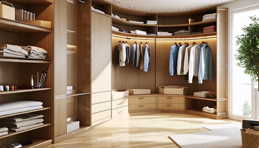 A digital rendering of a partially completed modern closet with wooden shelves and rods, accompanied by a neatly organized set of tools and materials, symbolizing a DIY closet project in progress.