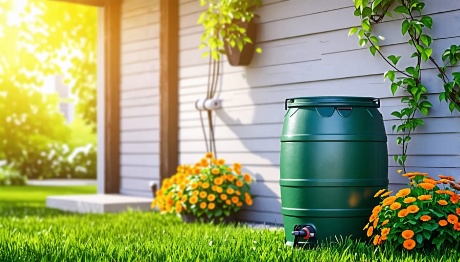 Person setting up a rain barrel system to collect rainwater for household use, illustrating water conservation strategies