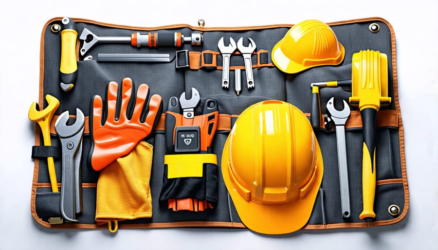 A comprehensive toolkit laid out with safety equipment for DIY home improvement projects