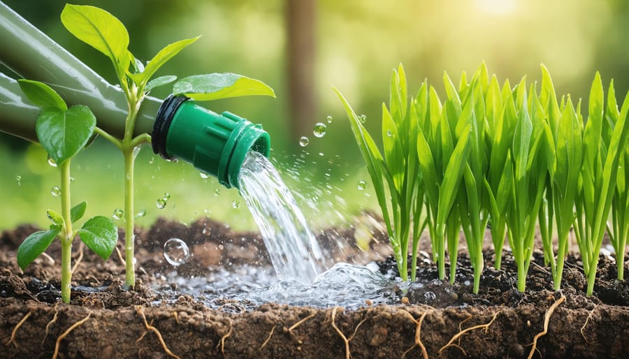 Close-up of a drip irrigation system efficiently watering plants