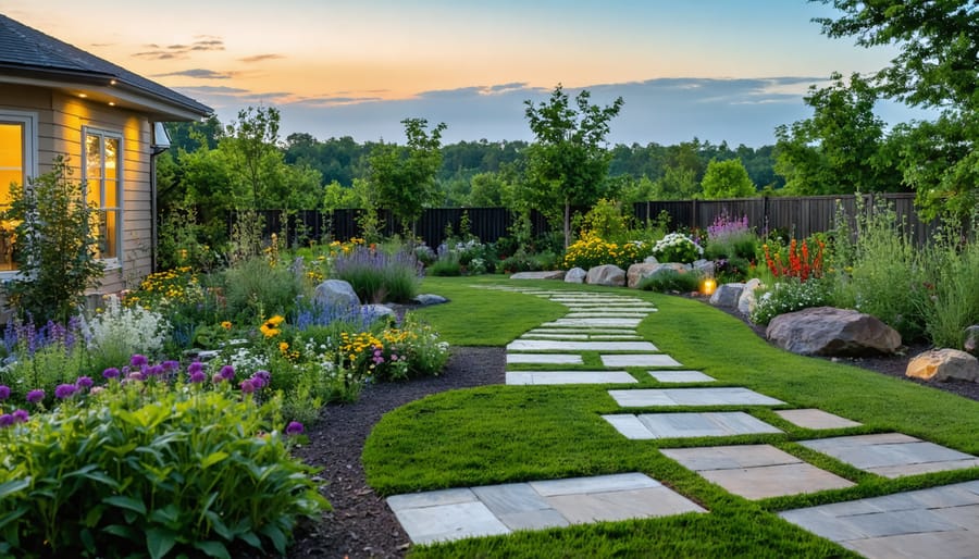 A picturesque garden with native wildflowers, permeable pavers, and solar-powered path lights creating a sustainable and eco-friendly outdoor space.