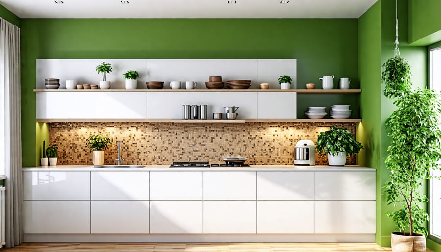 Kitchen showcasing an earthy color palette of greens, browns, and off-whites