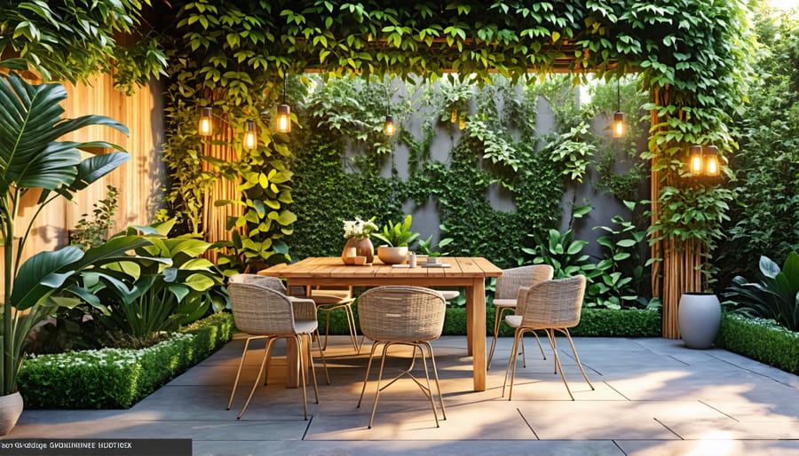 An inviting outdoor patio featuring eco-conscious furniture made from reclaimed wood, bamboo, and recycled plastic, surrounded by vibrant greenery.