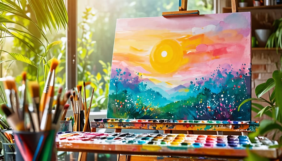 Artist creating a vibrant landscape in a studio using eco-friendly paints made from natural ingredients, reflecting the fusion of art and sustainability.