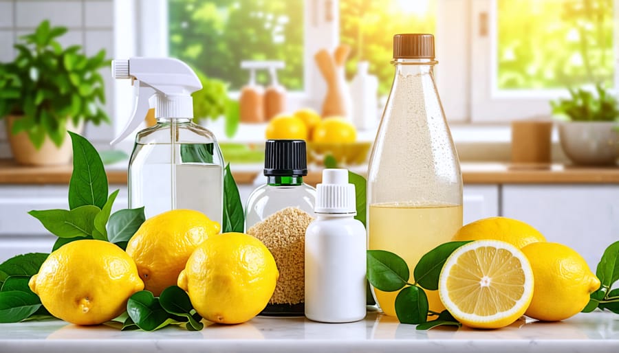 A collection of natural cleaning ingredients, including lemons, baking soda, and vinegar, placed on a tidy kitchen countertop with a plant in the background.