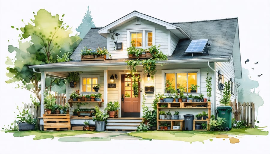 A warm and inviting home showcasing various eco-friendly DIY projects including a compost bin, upcycled pallet garden, and energy-efficient installations.