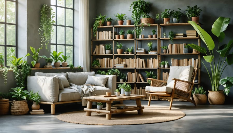 A welcoming living room featuring a bamboo coffee table, reclaimed wood bookshelf, and cork armchair, exemplifying sustainable furniture choices with natural light and green accents.