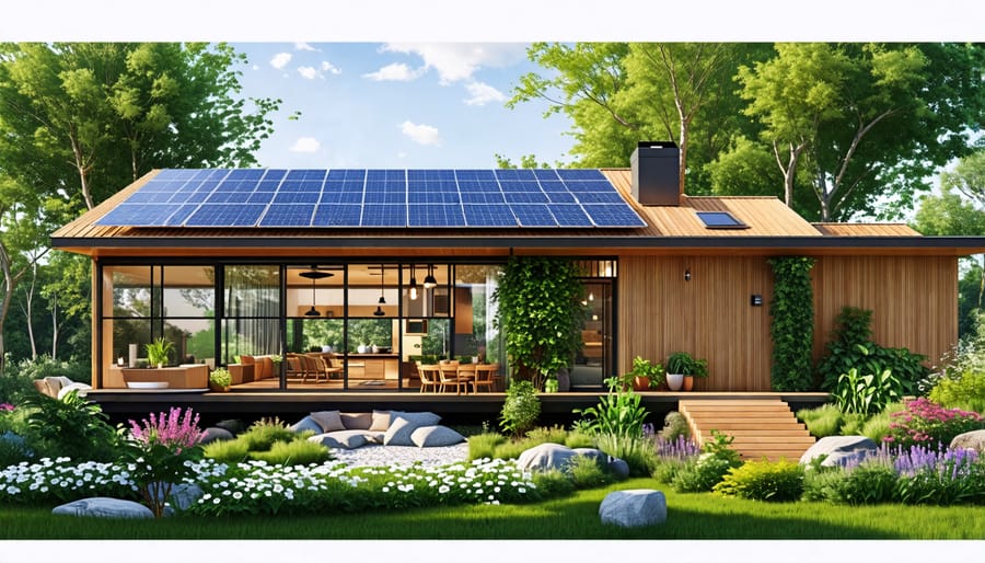 Modern eco-friendly home with solar panels, reclaimed wood walls, large windows for passive solar gain, and renewable resources like bamboo and cork, set in a lush landscape.